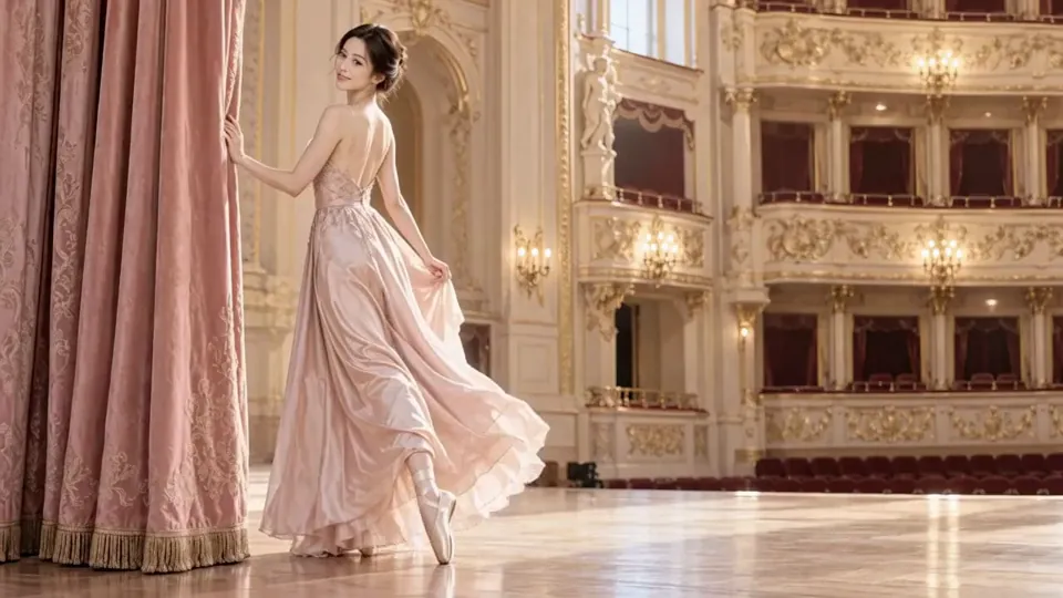 Dancer in a champagne pink gown beside a rose curtain in a sunlit cream and gold theater